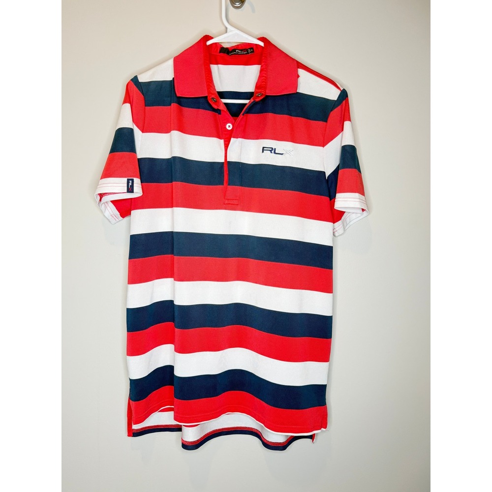 RLX Ralph Lauren Women's Striped Golf Polo Shirt Coral Navy White Medium - Picture 2 of 7